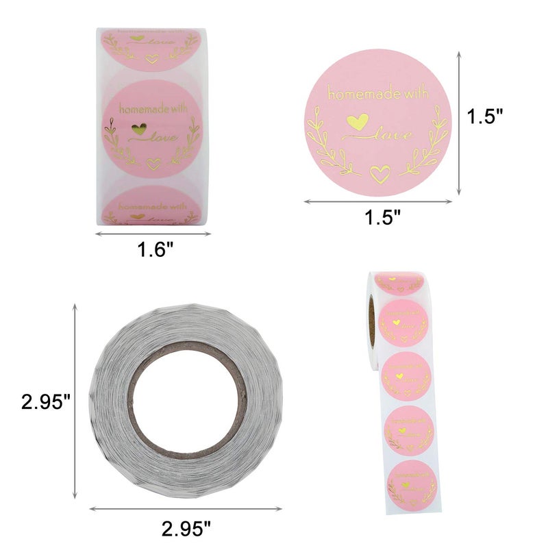 Yoption 1.5 Inch Round Homemade with Love Stickers Pink for Packaging, Cookie Bags, Small Shop Local Handmade, 500 Labels per Roll - Image 2